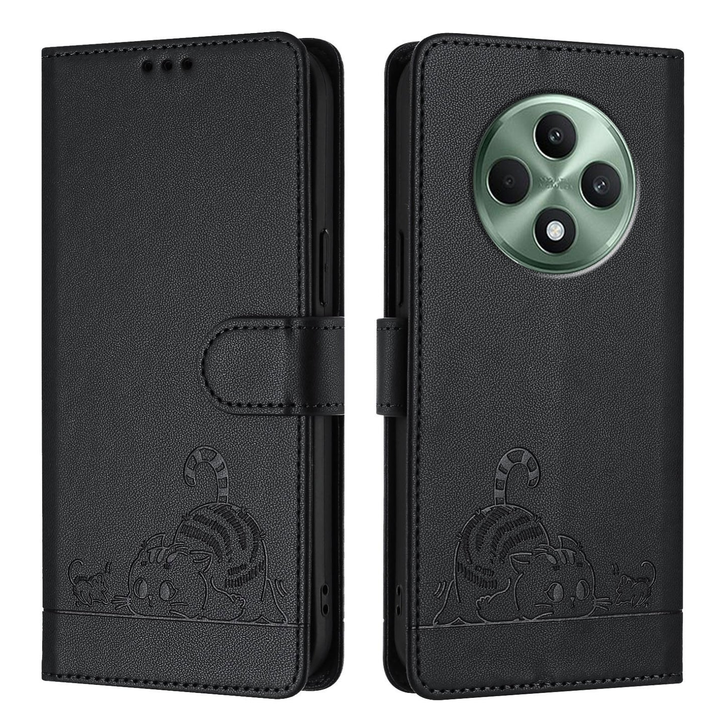 OPPO Reno12 F Global Cat and Mouse Embossed PU Leather RFID Case with Wallet Slots, Anti-Fall Protection, Kickstand, and Lanyard-buycases.co.uk