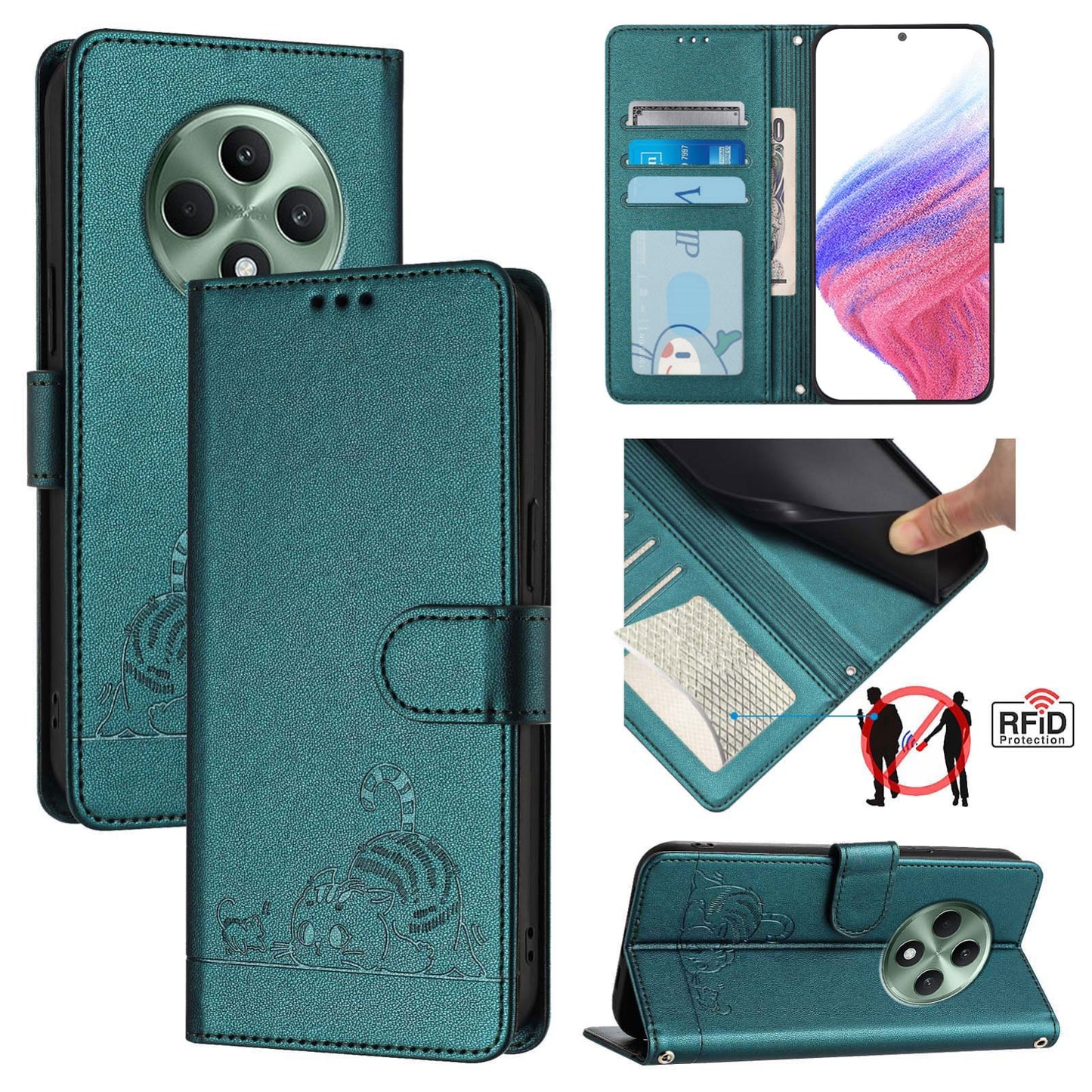OPPO Reno12 F Global Cat and Mouse Embossed PU Leather RFID Case with Wallet Slots, Anti-Fall Protection, Kickstand, and Lanyard-buycases.co.uk