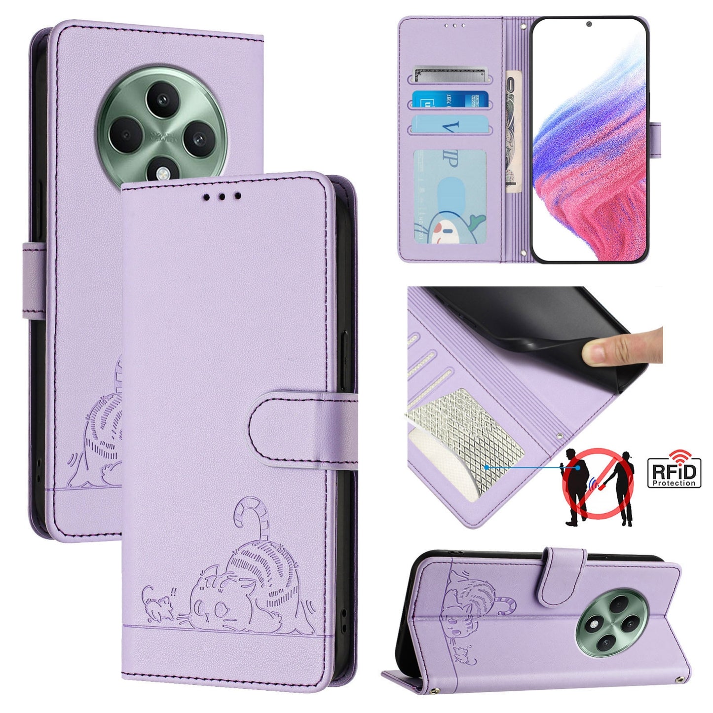 OPPO Reno12 F Global Cat and Mouse Embossed PU Leather RFID Case with Wallet Slots, Anti-Fall Protection, Kickstand, and Lanyard-buycases.co.uk