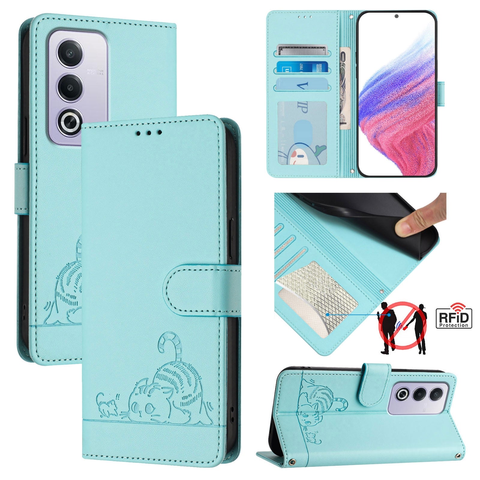 OPPO A3 Pro 5G Global Cat and Mouse Embossed PU Leather RFID Case with Wallet Slots, Anti-Fall Protection, Kickstand, and Lanyard-buycases.co.uk