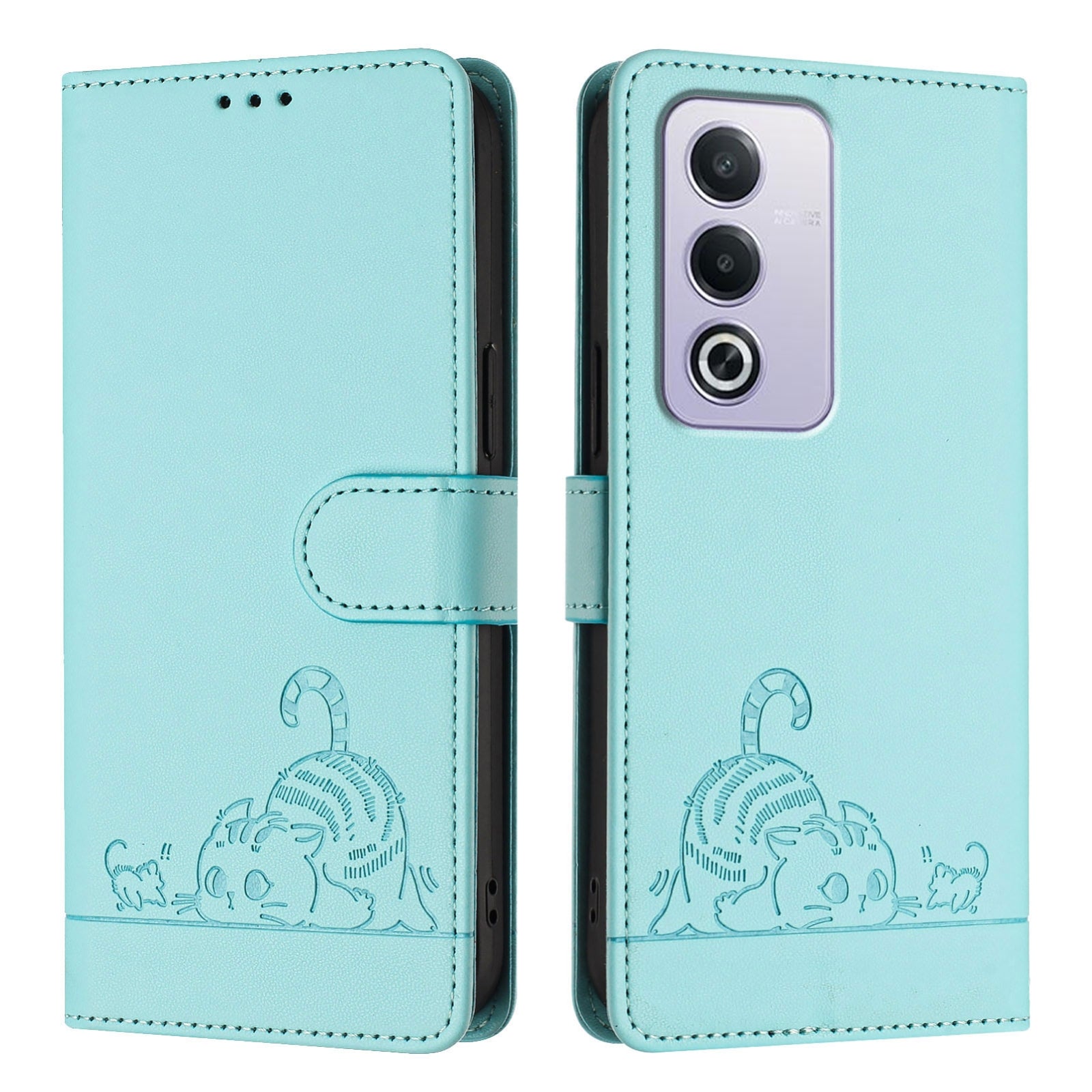 OPPO A3 Pro 5G Global Cat and Mouse Embossed PU Leather RFID Case with Wallet Slots, Anti-Fall Protection, Kickstand, and Lanyard-buycases.co.uk