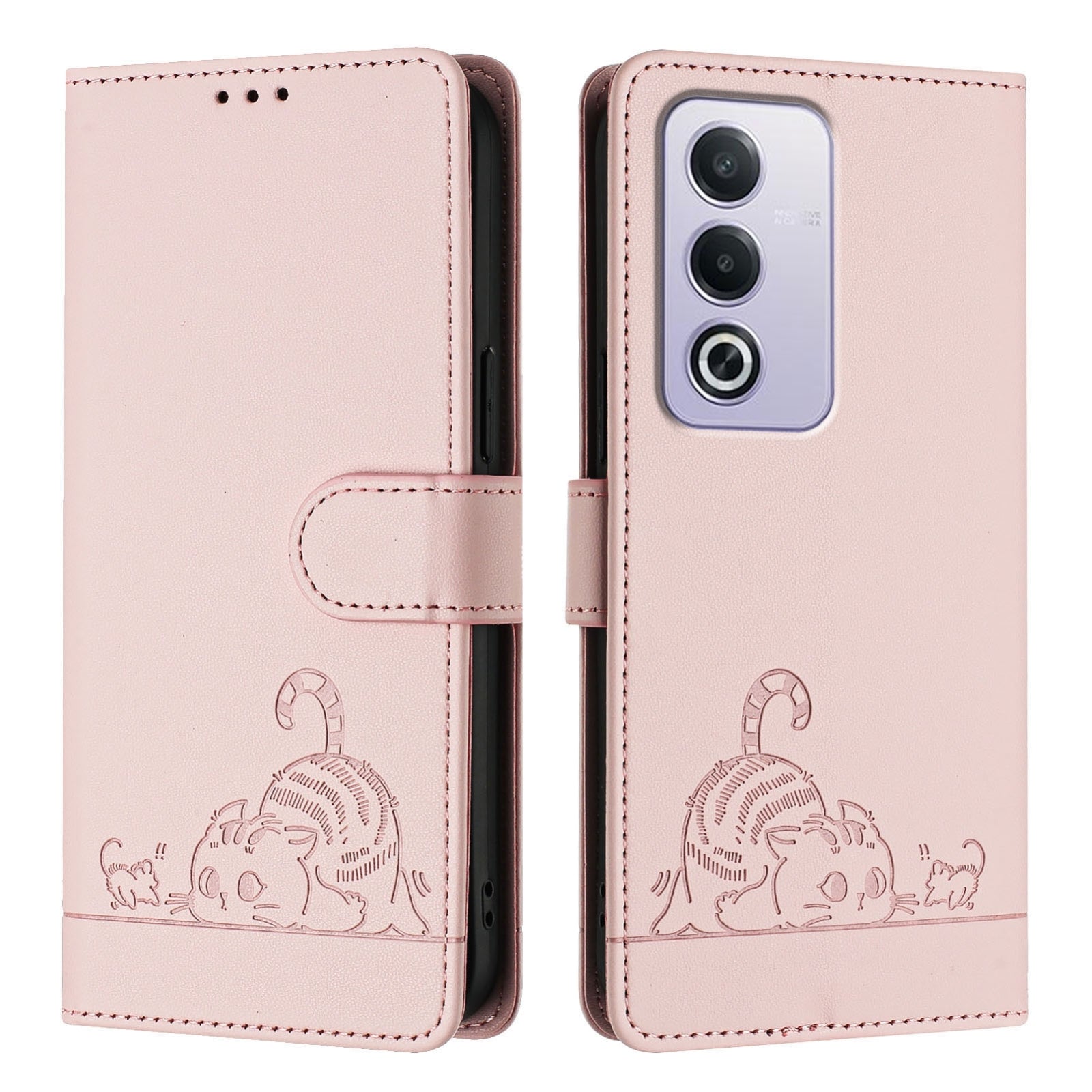 OPPO A3 Pro 5G Global Cat and Mouse Embossed PU Leather RFID Case with Wallet Slots, Anti-Fall Protection, Kickstand, and Lanyard-buycases.co.uk