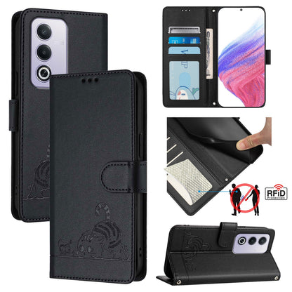 OPPO A3 Pro 5G Global Cat and Mouse Embossed PU Leather RFID Case with Wallet Slots, Anti-Fall Protection, Kickstand, and Lanyard-buycases.co.uk