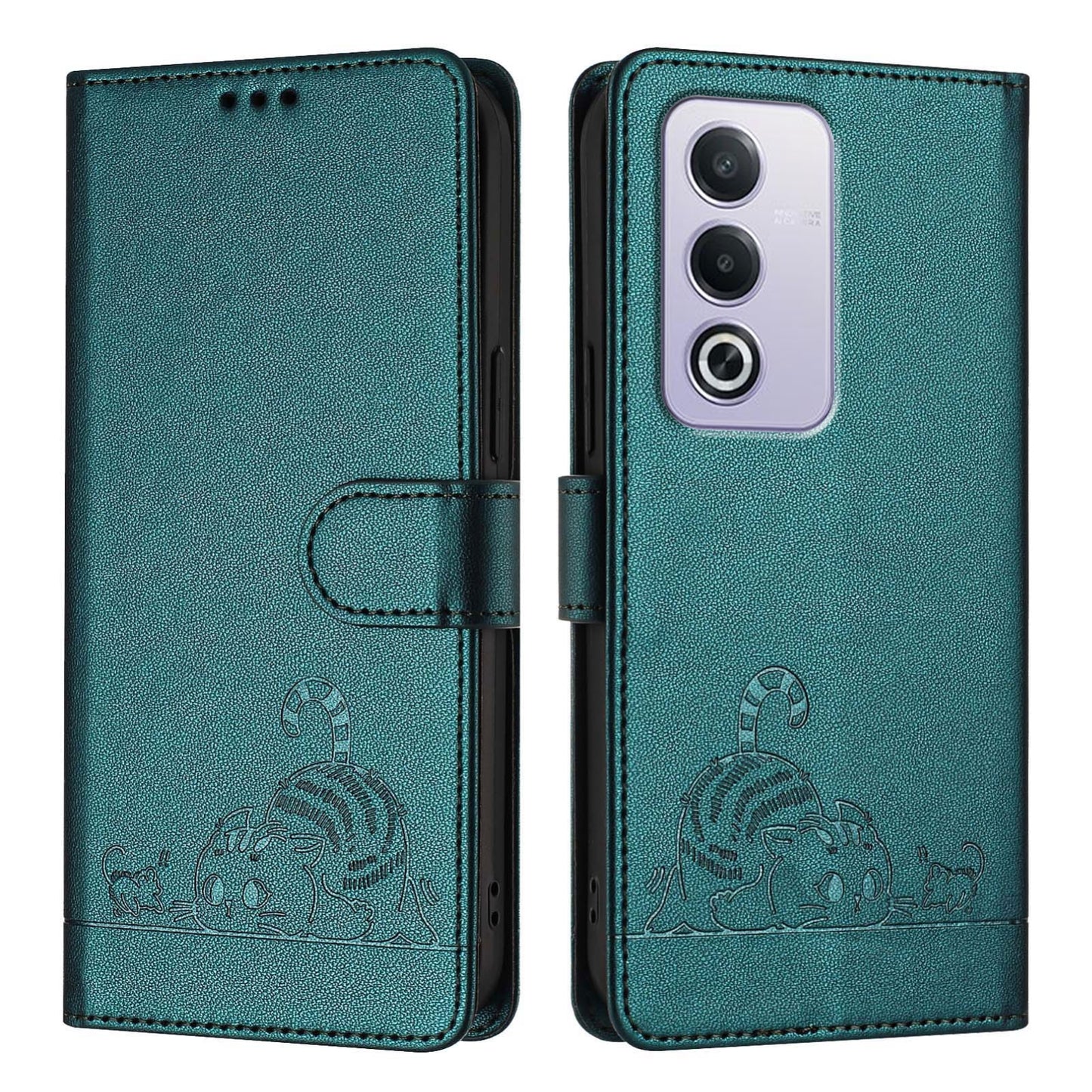 OPPO A3 Pro 5G Global Cat and Mouse Embossed PU Leather RFID Case with Wallet Slots, Anti-Fall Protection, Kickstand, and Lanyard-buycases.co.uk