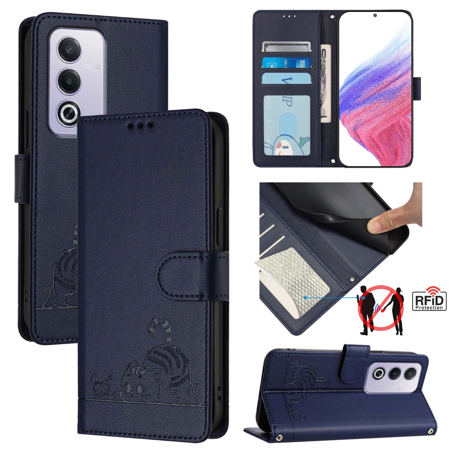 OPPO A3 Pro 5G Global Cat and Mouse Embossed PU Leather RFID Case with Wallet Slots, Anti-Fall Protection, Kickstand, and Lanyard-buycases.co.uk