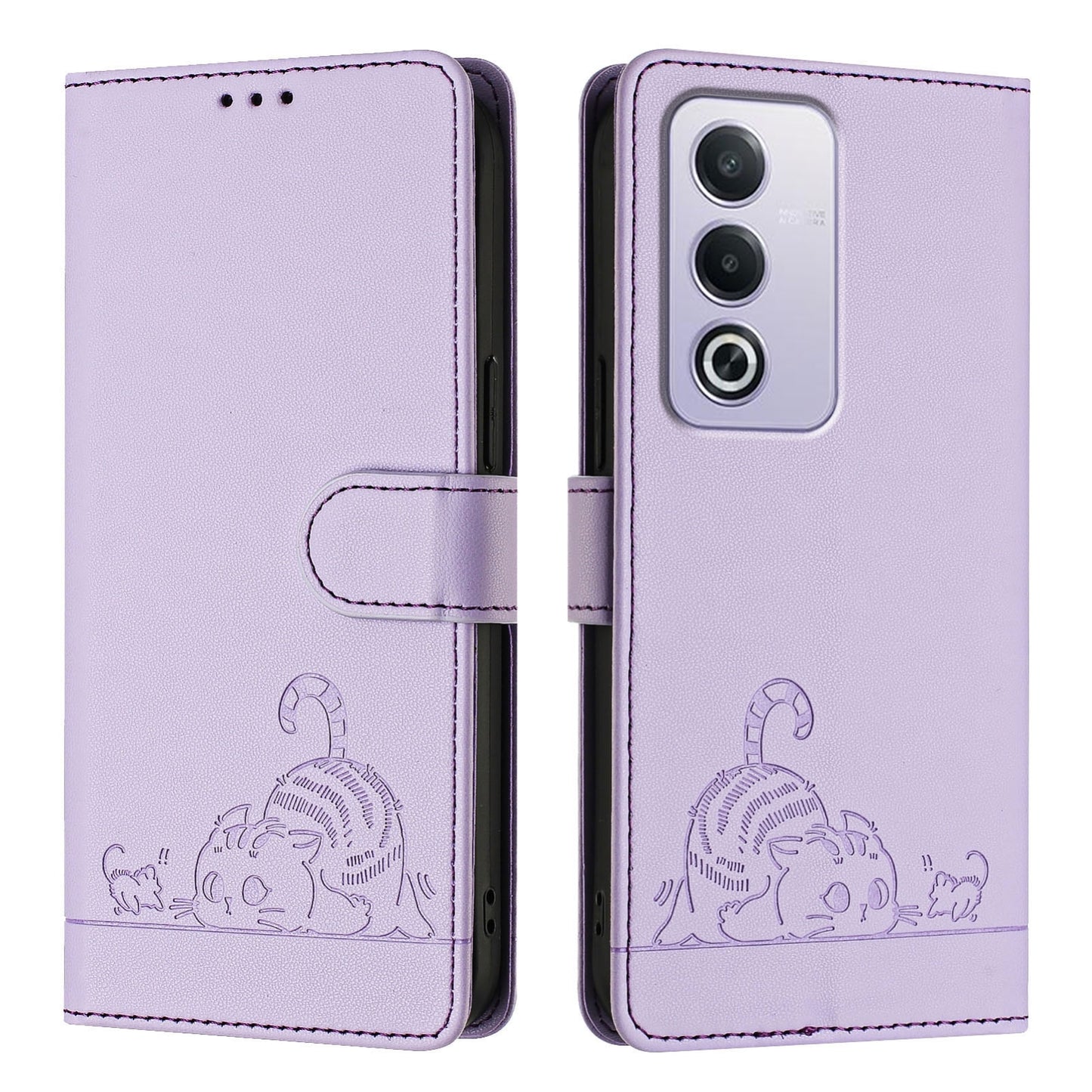 OPPO A3 Pro 5G Global Cat and Mouse Embossed PU Leather RFID Case with Wallet Slots, Anti-Fall Protection, Kickstand, and Lanyard-buycases.co.uk