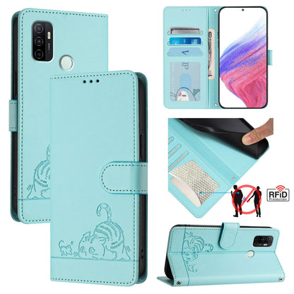 OPPO A32 2020 4G Cat and Mouse Embossed PU Leather RFID Case with Wallet Slots, Anti-Fall Protection, Kickstand, and Lanyard-buycases.co.uk