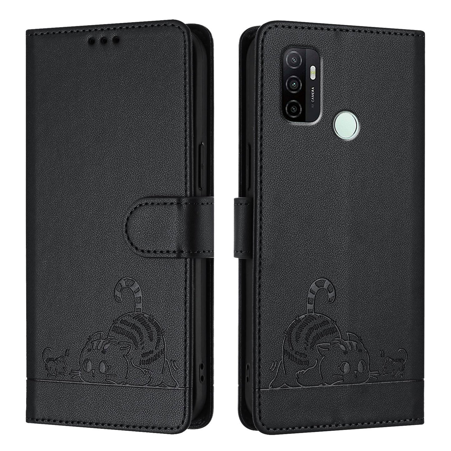 OPPO A32 2020 4G Cat and Mouse Embossed PU Leather RFID Case with Wallet Slots, Anti-Fall Protection, Kickstand, and Lanyard-buycases.co.uk