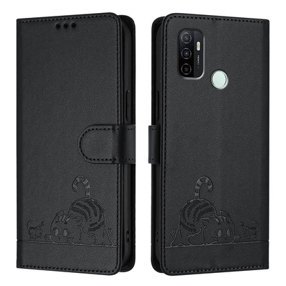 OPPO A53 2020 4G Cat and Mouse Embossed PU Leather RFID Case with Wallet Slots, Anti-Fall Protection, Kickstand, and Lanyard-buycases.co.uk