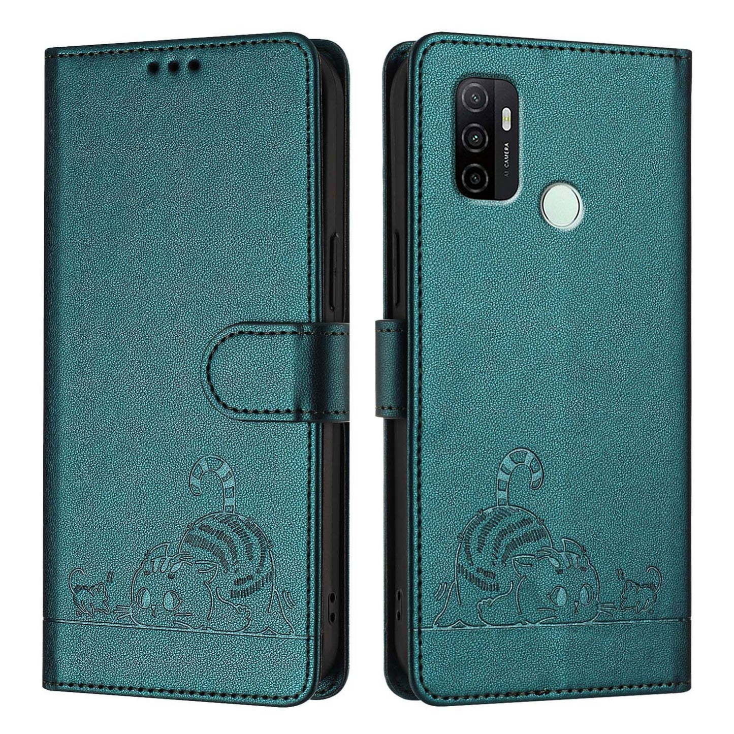 OPPO A32 2020 4G Cat and Mouse Embossed PU Leather RFID Case with Wallet Slots, Anti-Fall Protection, Kickstand, and Lanyard-buycases.co.uk