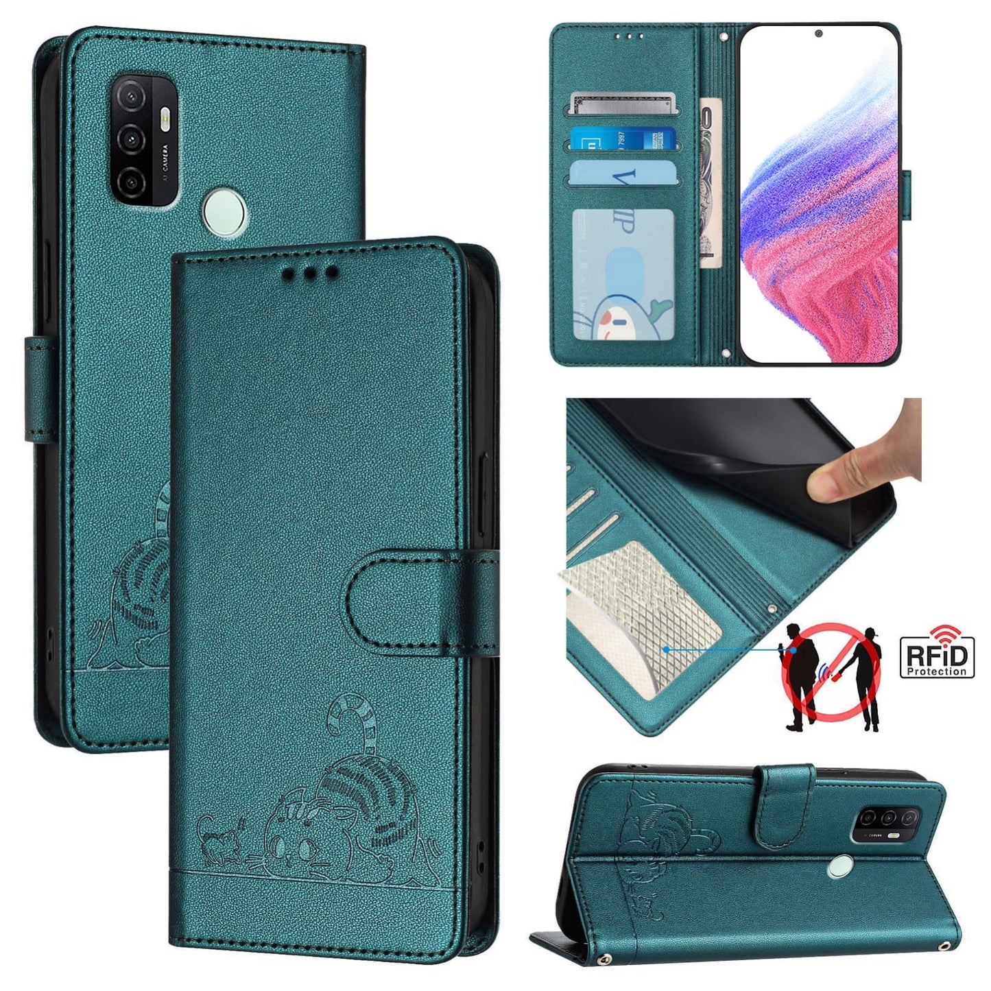 OPPO A53 2020 4G Cat and Mouse Embossed PU Leather RFID Case with Wallet Slots, Anti-Fall Protection, Kickstand, and Lanyard-buycases.co.uk