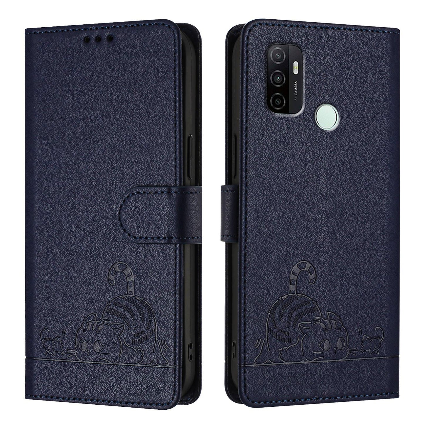 OPPO A32 2020 4G Cat and Mouse Embossed PU Leather RFID Case with Wallet Slots, Anti-Fall Protection, Kickstand, and Lanyard-buycases.co.uk