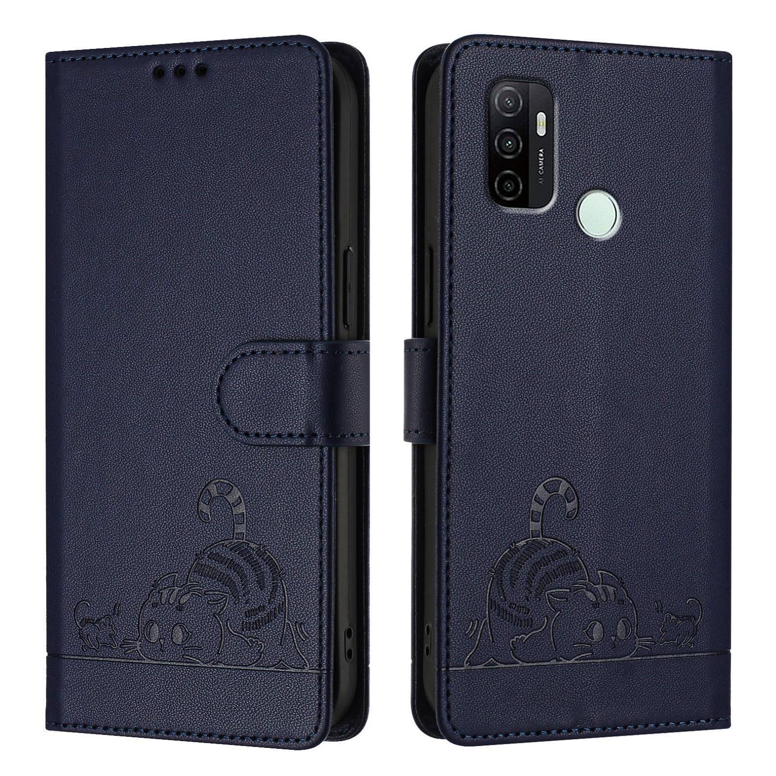 OPPO A53 2020 4G Cat and Mouse Embossed PU Leather RFID Case with Wallet Slots, Anti-Fall Protection, Kickstand, and Lanyard-buycases.co.uk