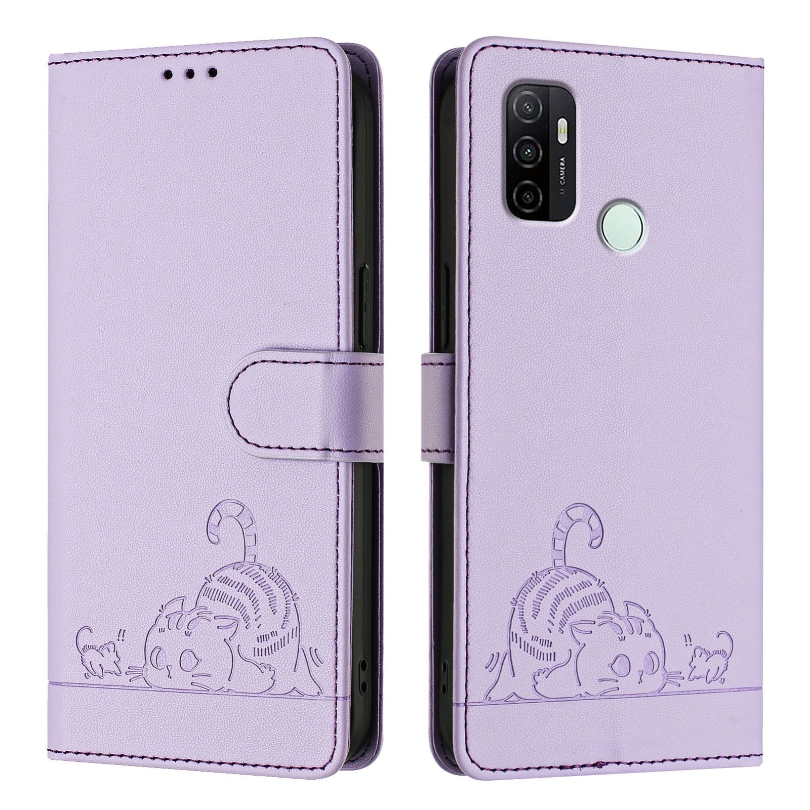OPPO A53 2020 4G Cat and Mouse Embossed PU Leather RFID Case with Wallet Slots, Anti-Fall Protection, Kickstand, and Lanyard-buycases.co.uk