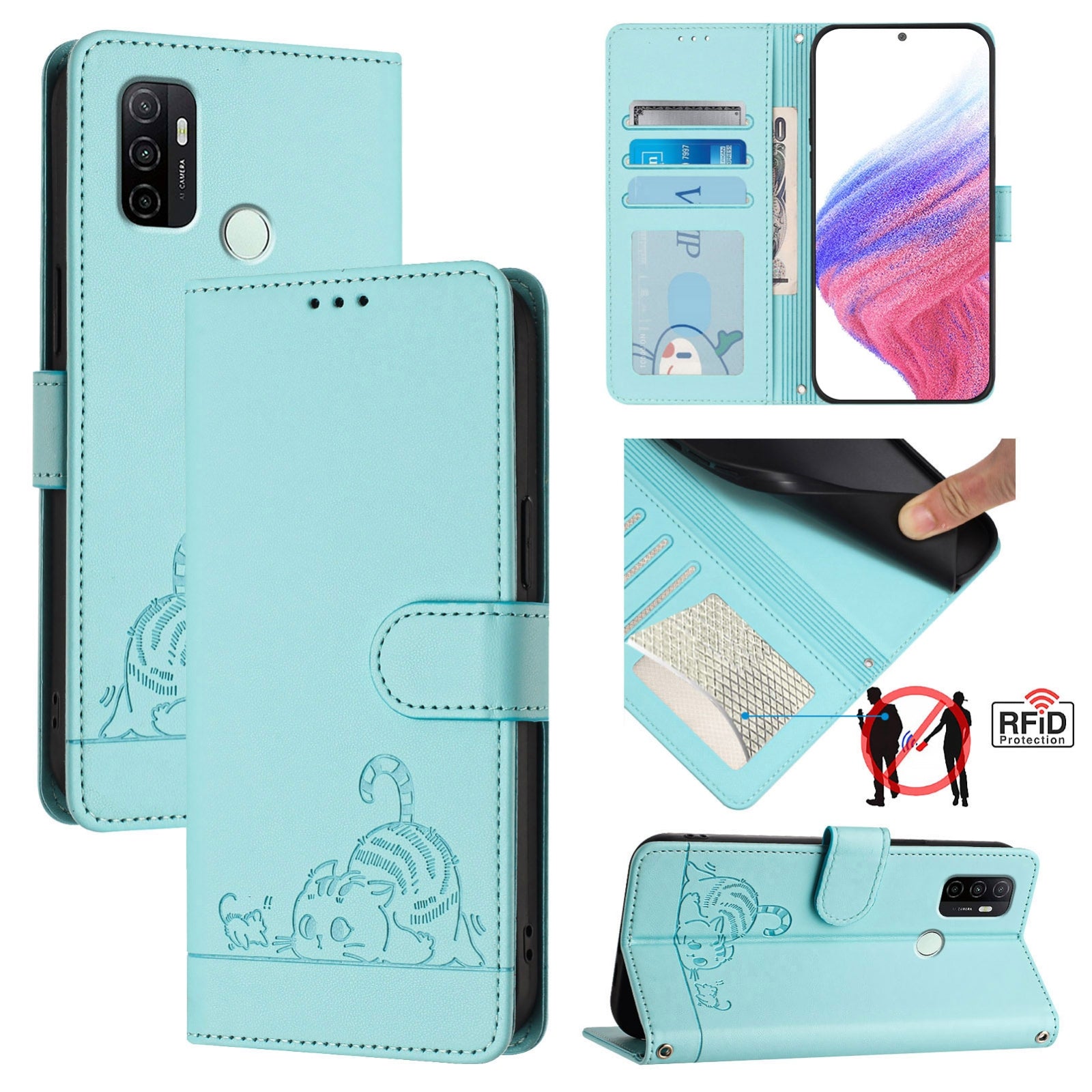 OPPO A53s 4G Cat and Mouse Embossed PU Leather RFID Case with Wallet Slots, Anti-Fall Protection, Kickstand, and Lanyard-buycases.co.uk