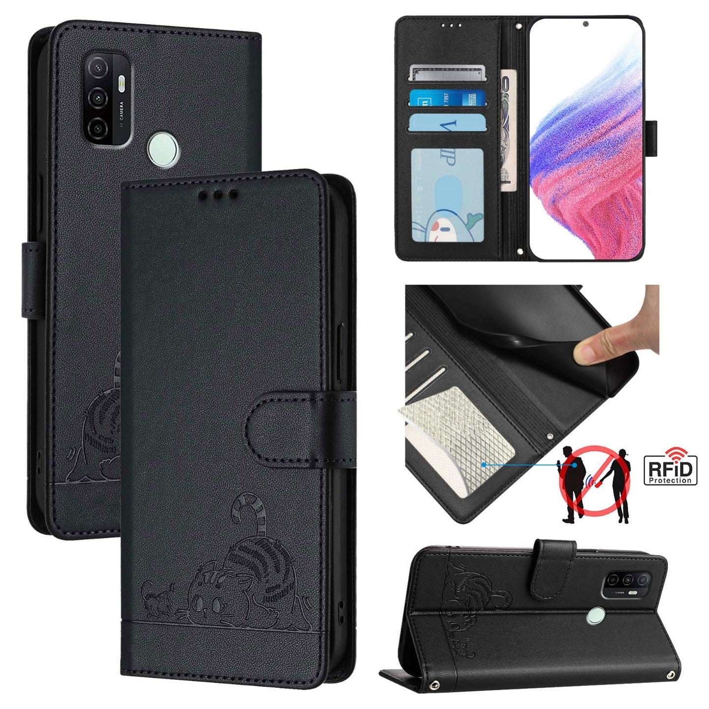 OPPO A53s 4G Cat and Mouse Embossed PU Leather RFID Case with Wallet Slots, Anti-Fall Protection, Kickstand, and Lanyard-buycases.co.uk