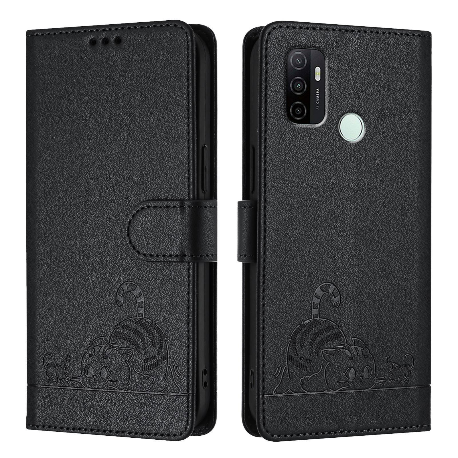 OPPO A33 2020 4G Cat and Mouse Embossed PU Leather RFID Case with Wallet Slots, Anti-Fall Protection, Kickstand, and Lanyard-buycases.co.uk
