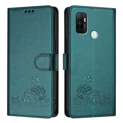 OPPO A53s 4G Cat and Mouse Embossed PU Leather RFID Case with Wallet Slots, Anti-Fall Protection, Kickstand, and Lanyard-buycases.co.uk