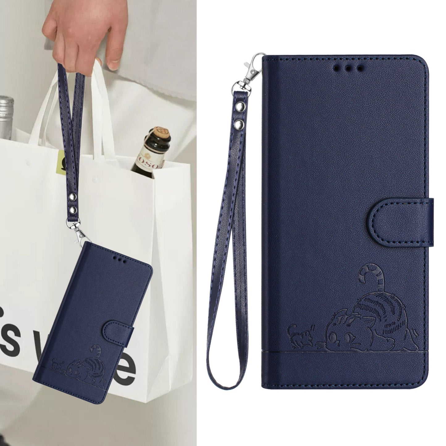 OPPO A33 2020 4G Cat and Mouse Embossed PU Leather RFID Case with Wallet Slots, Anti-Fall Protection, Kickstand, and Lanyard-buycases.co.uk