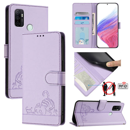 OPPO A53s 4G Cat and Mouse Embossed PU Leather RFID Case with Wallet Slots, Anti-Fall Protection, Kickstand, and Lanyard-buycases.co.uk