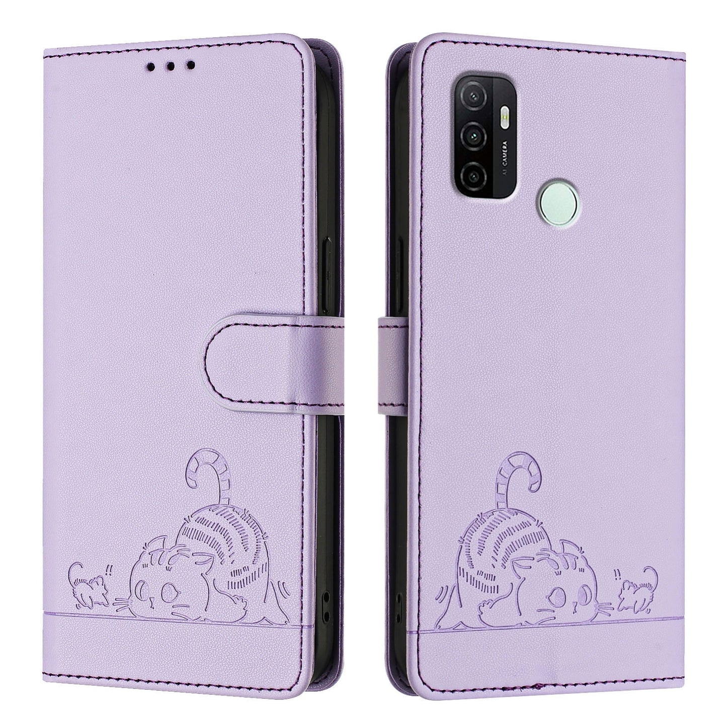 OPPO A33 2020 4G Cat and Mouse Embossed PU Leather RFID Case with Wallet Slots, Anti-Fall Protection, Kickstand, and Lanyard-buycases.co.uk