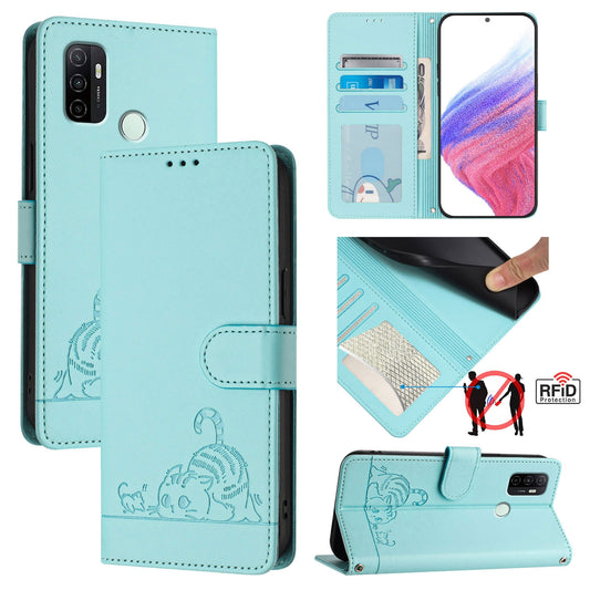 OPPO A11s 4G Cat and Mouse Embossed PU Leather RFID Case with Wallet Slots, Anti-Fall Protection, Kickstand, and Lanyard-buycases.co.uk