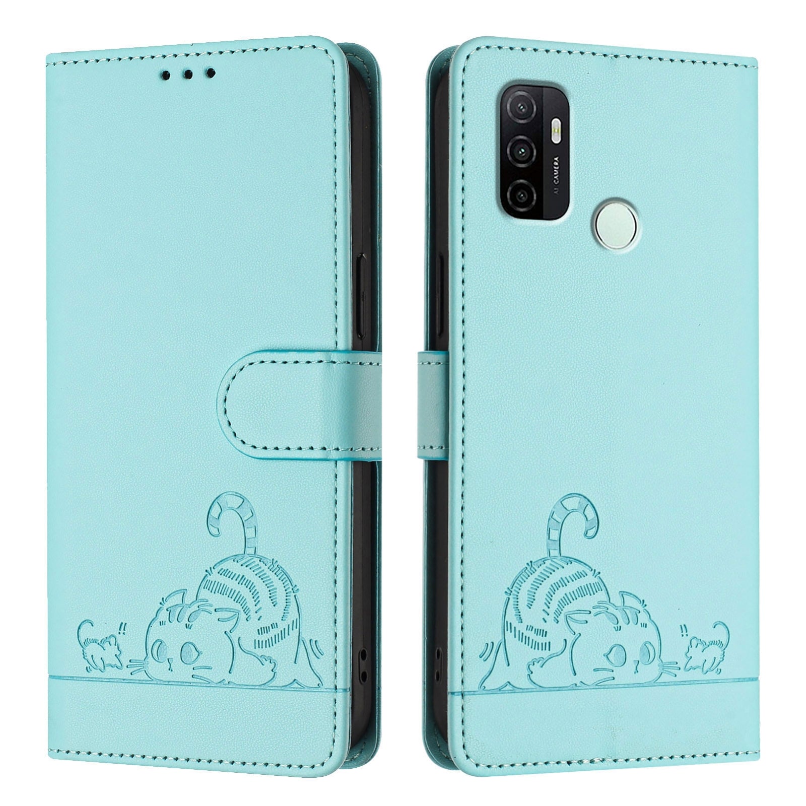 OPPO A11s 4G Cat and Mouse Embossed PU Leather RFID Case with Wallet Slots, Anti-Fall Protection, Kickstand, and Lanyard-buycases.co.uk