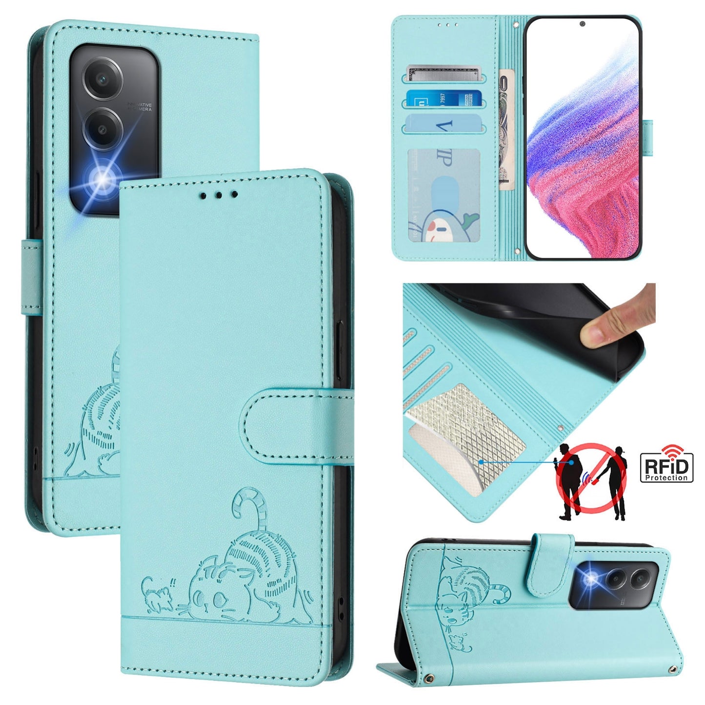 OPPO A80 5G EU Cat and Mouse Embossed PU Leather RFID Case with Wallet Slots, Anti-Fall Protection, Kickstand, and Lanyard-buycases.co.uk