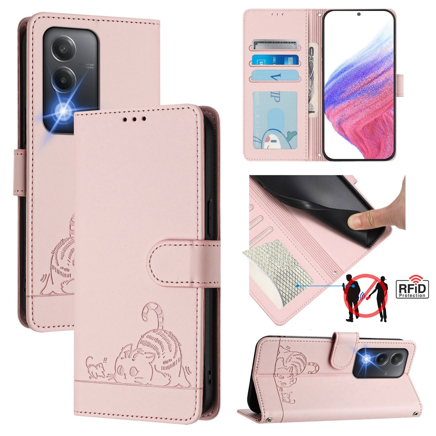 OPPO A80 5G EU Cat and Mouse Embossed PU Leather RFID Case with Wallet Slots, Anti-Fall Protection, Kickstand, and Lanyard-buycases.co.uk