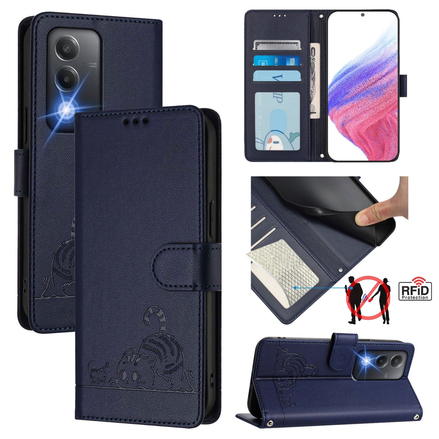 OPPO A80 5G EU Cat and Mouse Embossed PU Leather RFID Case with Wallet Slots, Anti-Fall Protection, Kickstand, and Lanyard-buycases.co.uk
