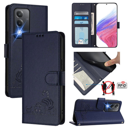 OPPO A80 5G EU Cat and Mouse Embossed PU Leather RFID Case with Wallet Slots, Anti-Fall Protection, Kickstand, and Lanyard-buycases.co.uk