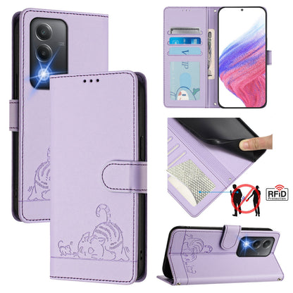 OPPO A80 5G EU Cat and Mouse Embossed PU Leather RFID Case with Wallet Slots, Anti-Fall Protection, Kickstand, and Lanyard-buycases.co.uk