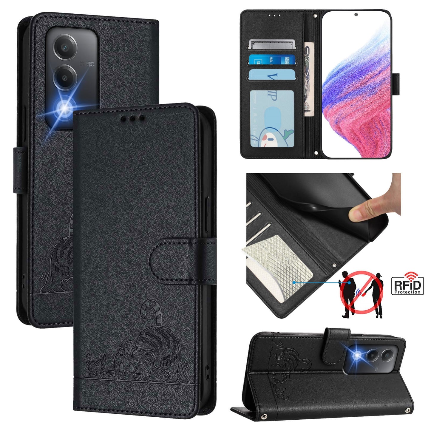 OPPO K12x 5G Global Cat and Mouse Embossed PU Leather RFID Case with Wallet Slots, Anti-Fall Protection, Kickstand, and Lanyard-buycases.co.uk