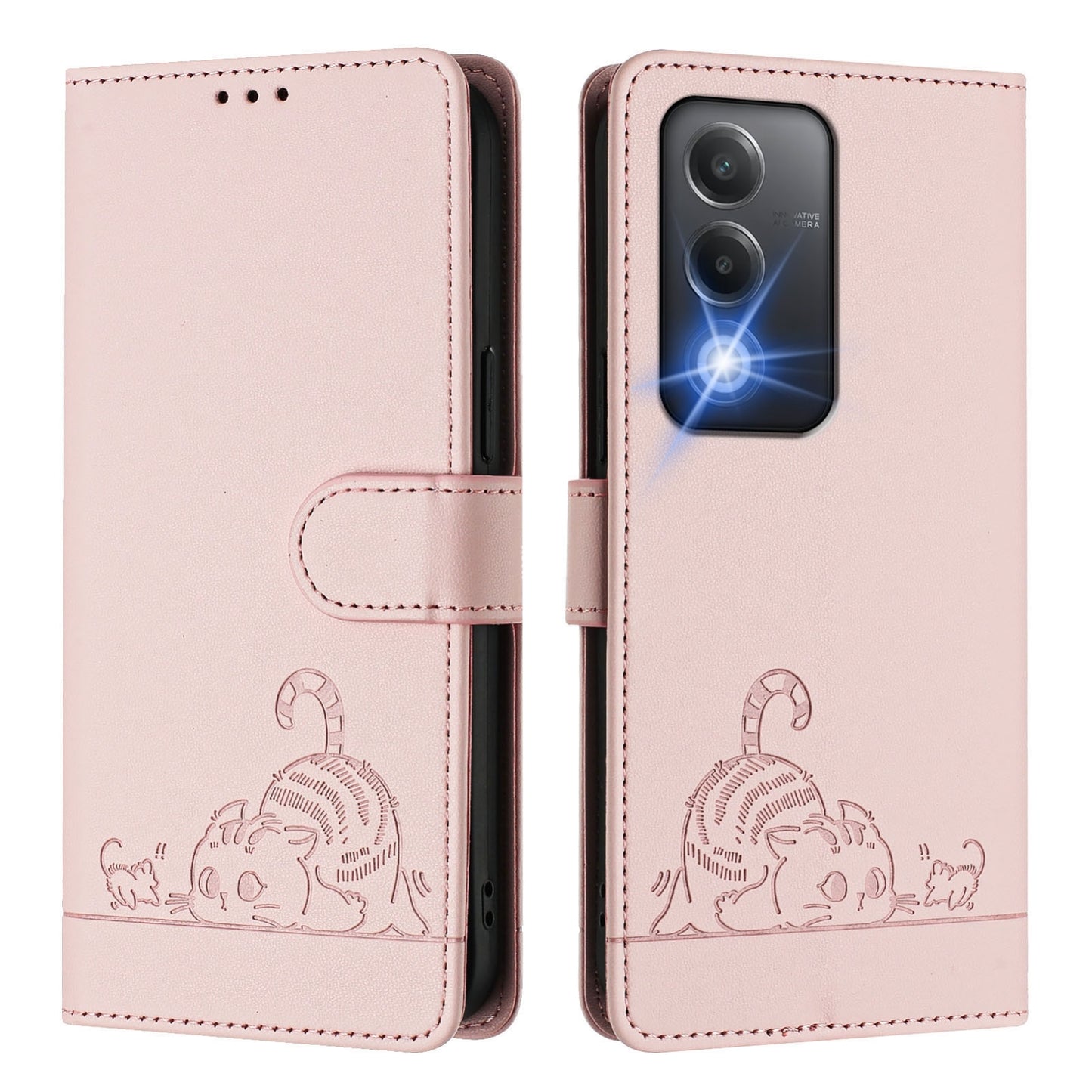 OPPO A3 Pro 5G India Cat and Mouse Embossed PU Leather RFID Case with Wallet Slots, Anti-Fall Protection, Kickstand, and Lanyard-buycases.co.uk