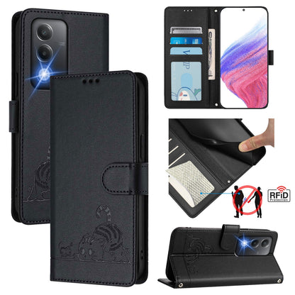 OPPO A3 Pro 5G India Cat and Mouse Embossed PU Leather RFID Case with Wallet Slots, Anti-Fall Protection, Kickstand, and Lanyard-buycases.co.uk