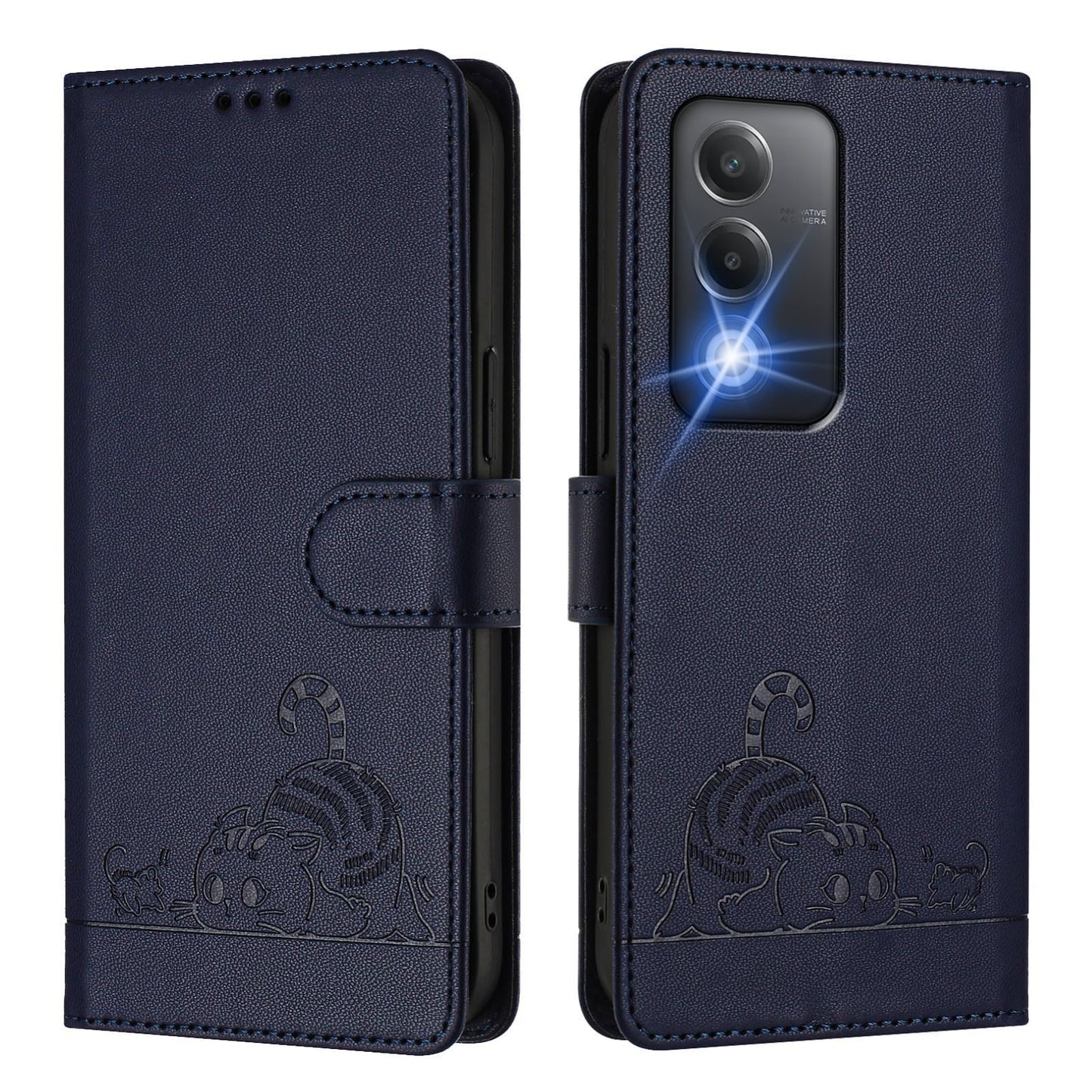 OPPO A3 Pro 5G India Cat and Mouse Embossed PU Leather RFID Case with Wallet Slots, Anti-Fall Protection, Kickstand, and Lanyard-buycases.co.uk