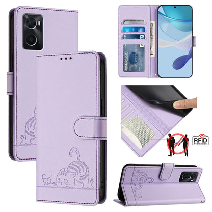 Realme 9i 4G Cat and Mouse Embossed PU Leather RFID Case with Wallet Slots, Anti-Fall Protection, Kickstand, and Lanyard-buycases.co.uk