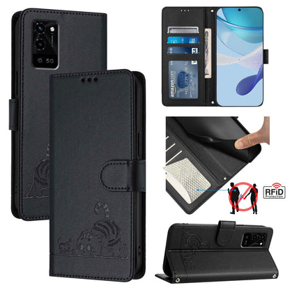 Realme V11 5G Cat and Mouse Embossed PU Leather RFID Case with Wallet Slots, Anti-Fall Protection, Kickstand, and Lanyard-buycases.co.uk