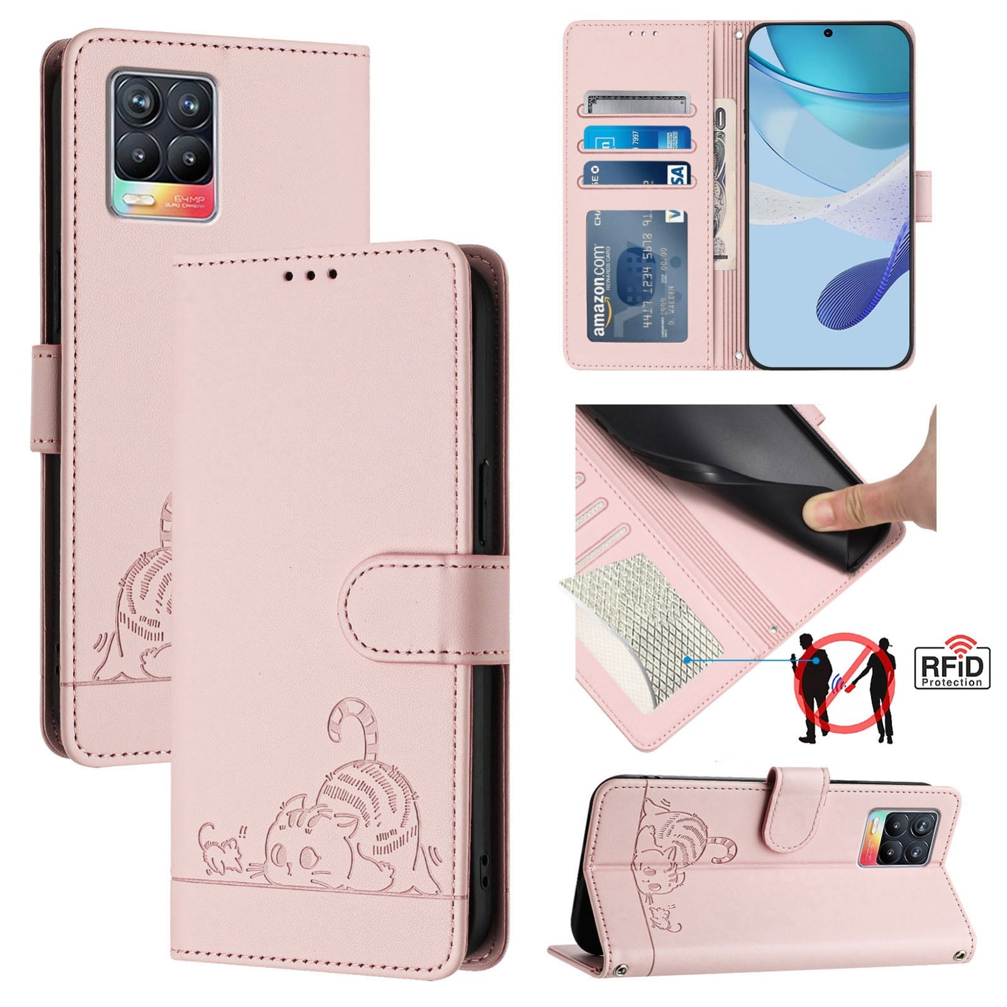 Realme 8 4G Cat and Mouse Embossed PU Leather RFID Case with Wallet Slots, Anti-Fall Protection, Kickstand, and Lanyard-buycases.co.uk