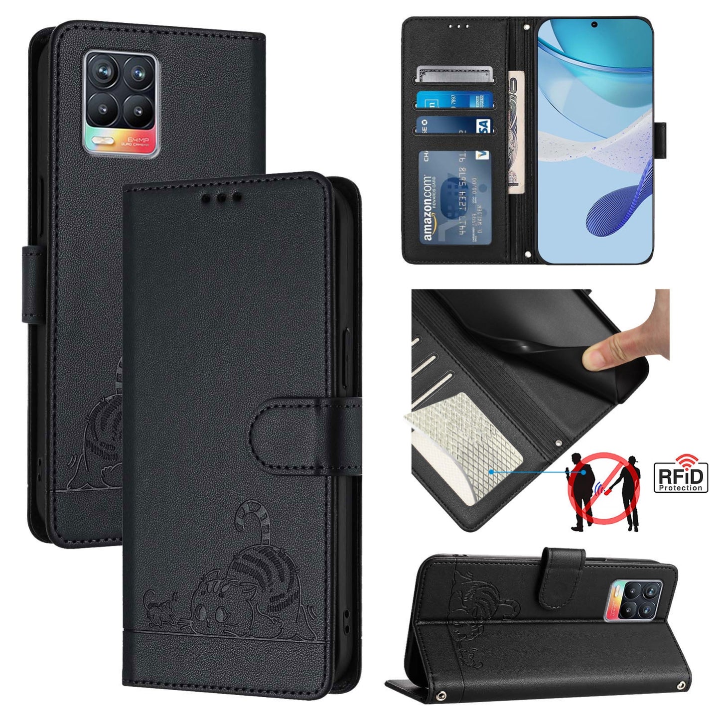 Realme 8 Pro 4G Cat and Mouse Embossed PU Leather RFID Case with Wallet Slots, Anti-Fall Protection, Kickstand, and Lanyard-buycases.co.uk
