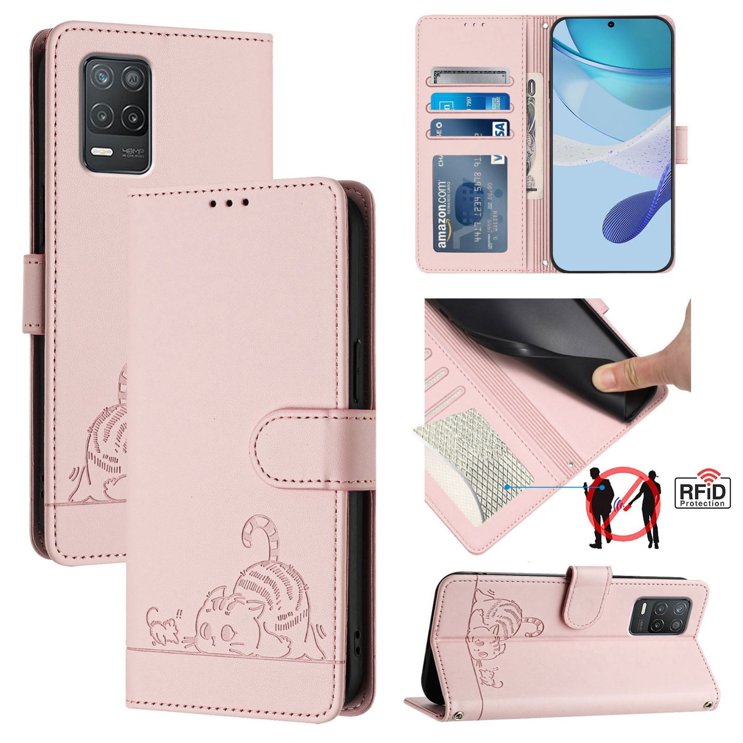 Realme 9 5G India Cat and Mouse Embossed PU Leather RFID Case with Wallet Slots, Anti-Fall Protection, Kickstand, and Lanyard-buycases.co.uk