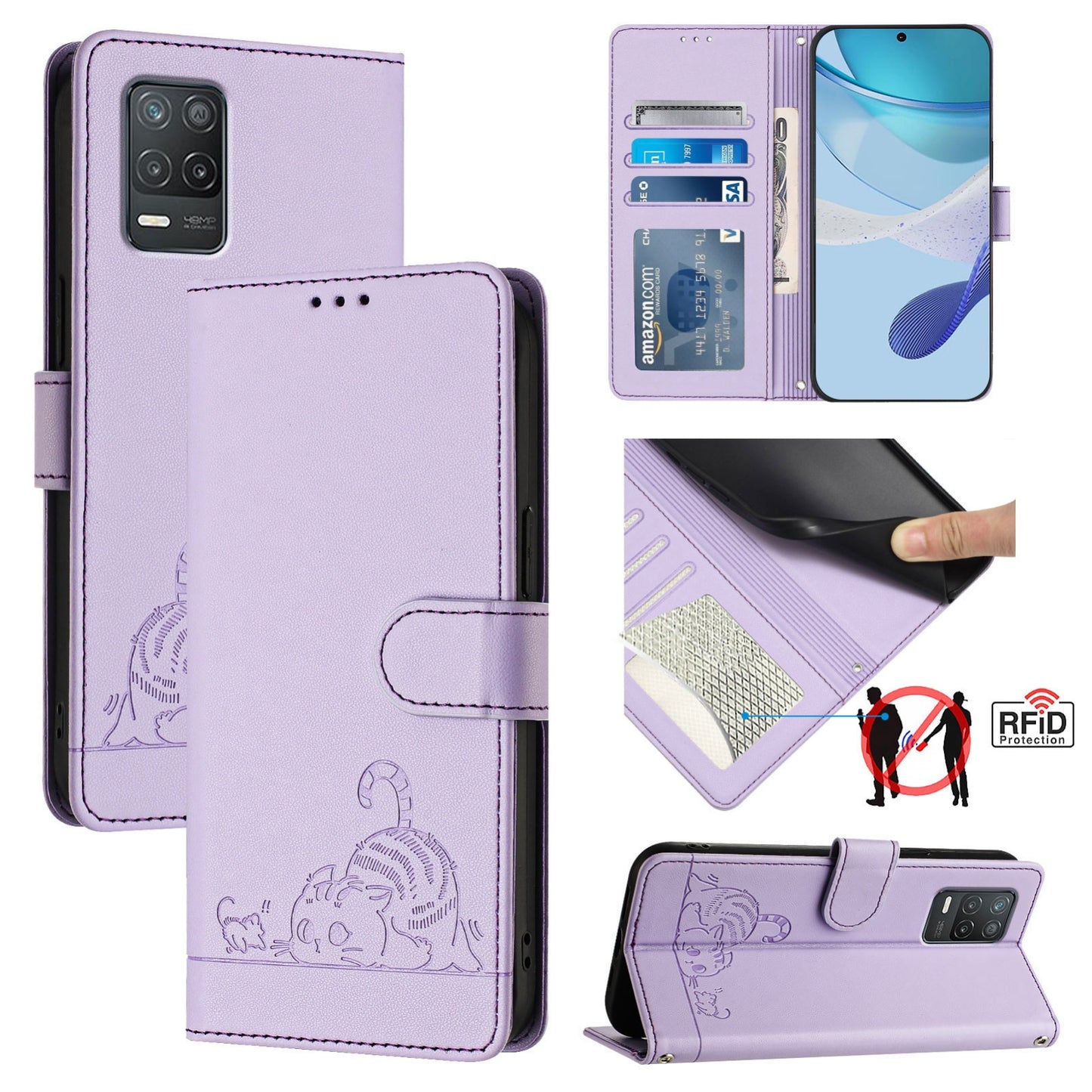 Realme 9 5G India Cat and Mouse Embossed PU Leather RFID Case with Wallet Slots, Anti-Fall Protection, Kickstand, and Lanyard-buycases.co.uk