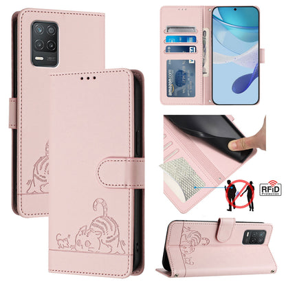 Realme V13 5G Cat and Mouse Embossed PU Leather RFID Case with Wallet Slots, Anti-Fall Protection, Kickstand, and Lanyard-buycases.co.uk
