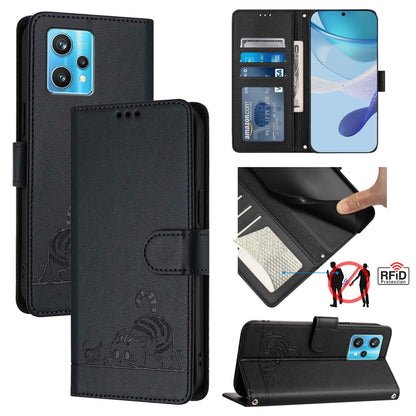 Realme 9 Pro+ 5G Cat and Mouse Embossed PU Leather RFID Case with Wallet Slots, Anti-Fall Protection, Kickstand, and Lanyard-buycases.co.uk