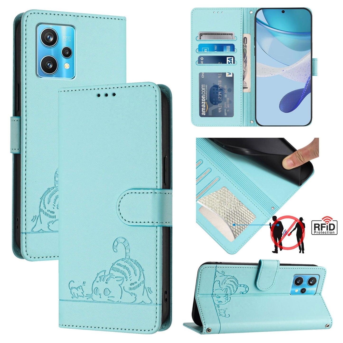 Realme 9 4G Global Cat and Mouse Embossed PU Leather RFID Case with Wallet Slots, Anti-Fall Protection, Kickstand, and Lanyard-buycases.co.uk