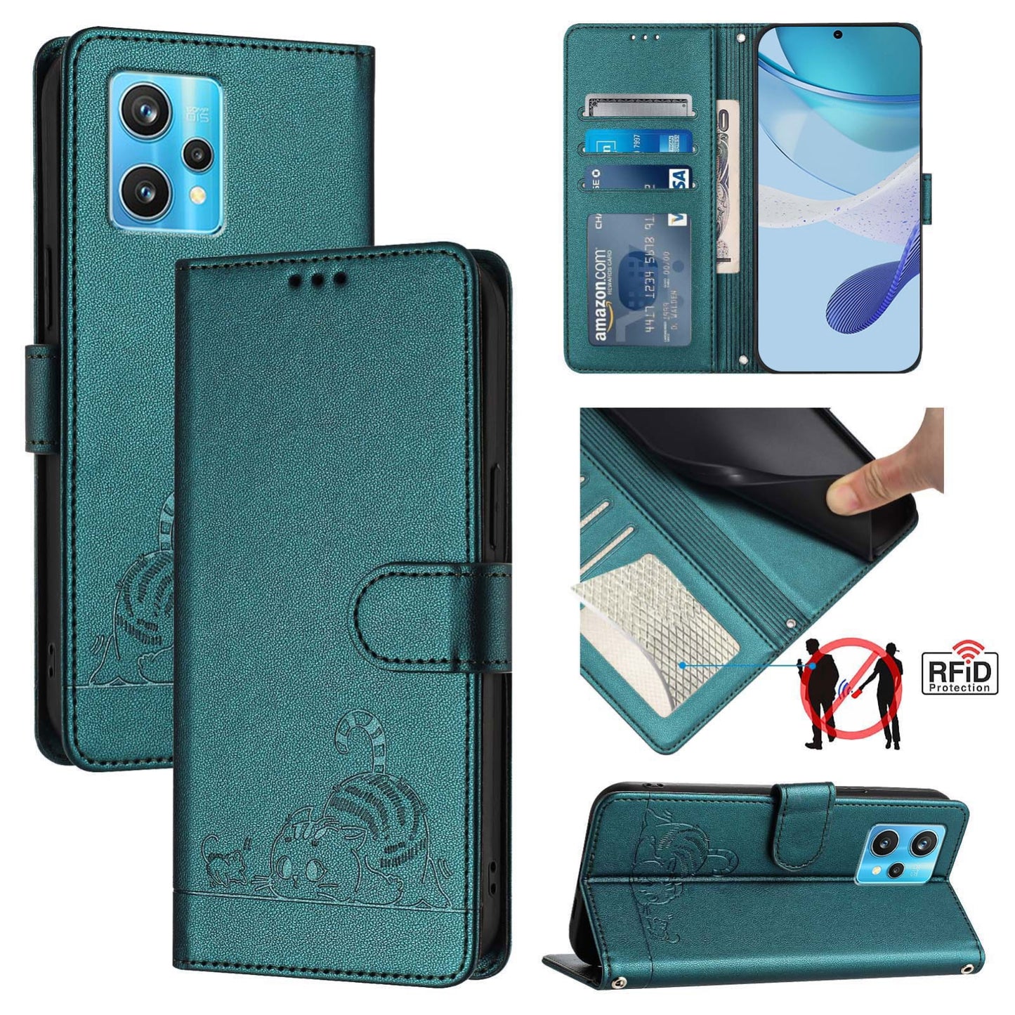 Realme Narzo 50 Pro 5G Cat and Mouse Embossed PU Leather RFID Case with Wallet Slots, Anti-Fall Protection, Kickstand, and Lanyard-buycases.co.uk