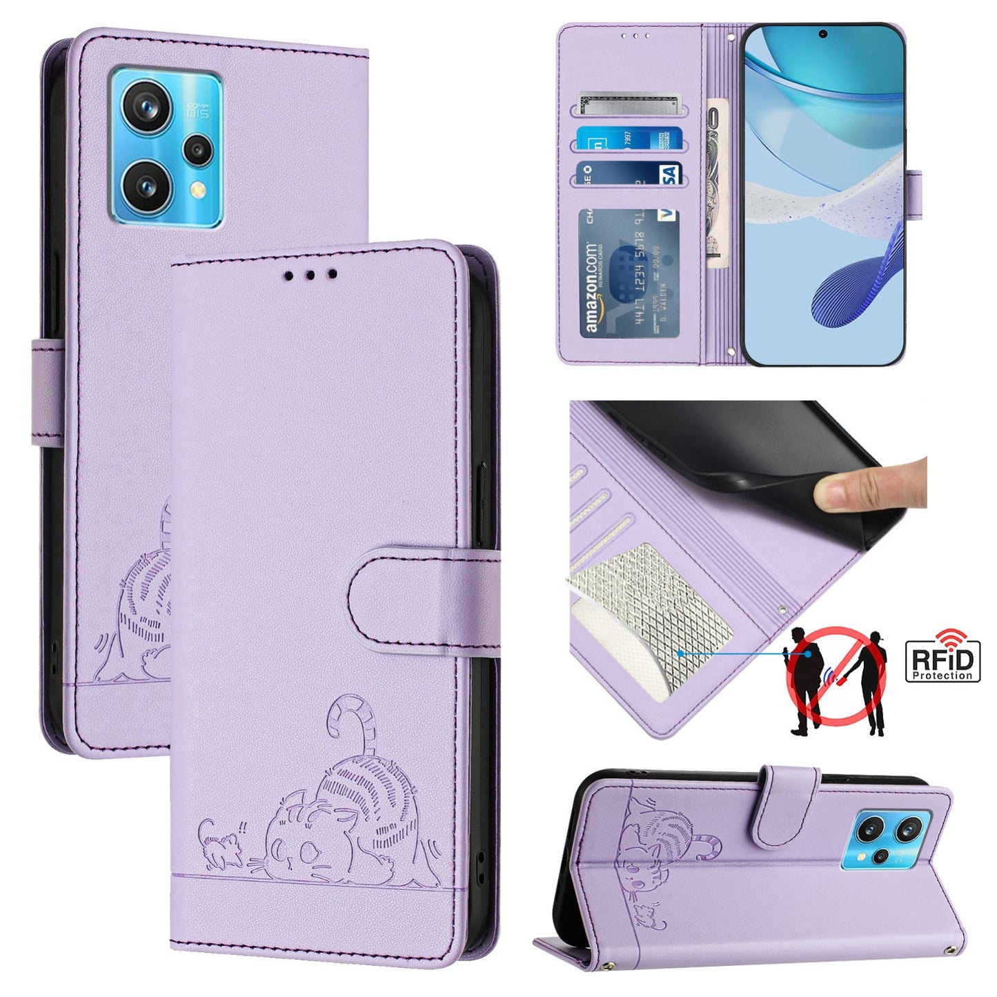 Realme Narzo 50 Pro 5G Cat and Mouse Embossed PU Leather RFID Case with Wallet Slots, Anti-Fall Protection, Kickstand, and Lanyard-buycases.co.uk