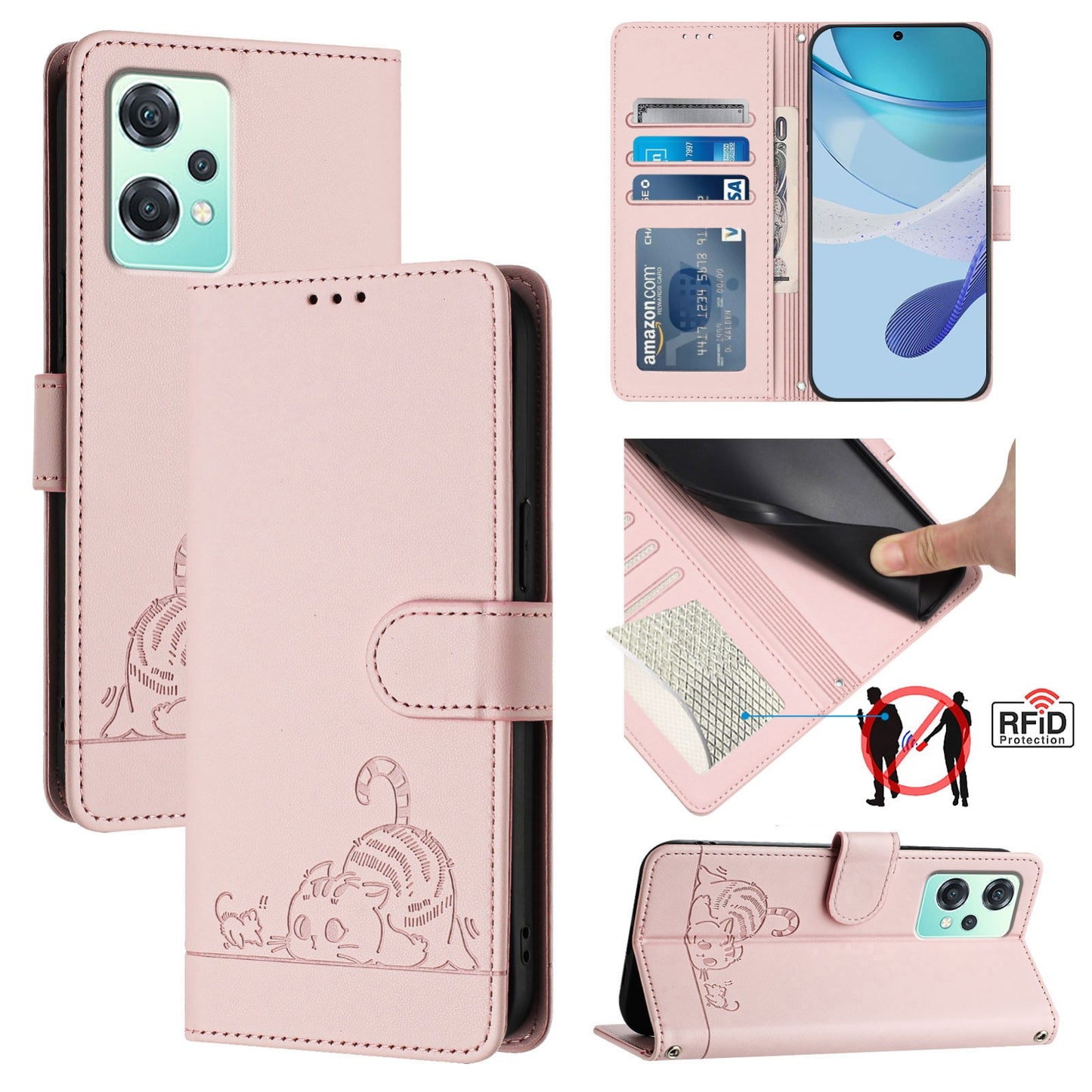 Realme 9 5G EU Version Cat and Mouse Embossed PU Leather RFID Case with Wallet Slots, Anti-Fall Protection, Kickstand, and Lanyard-buycases.co.uk