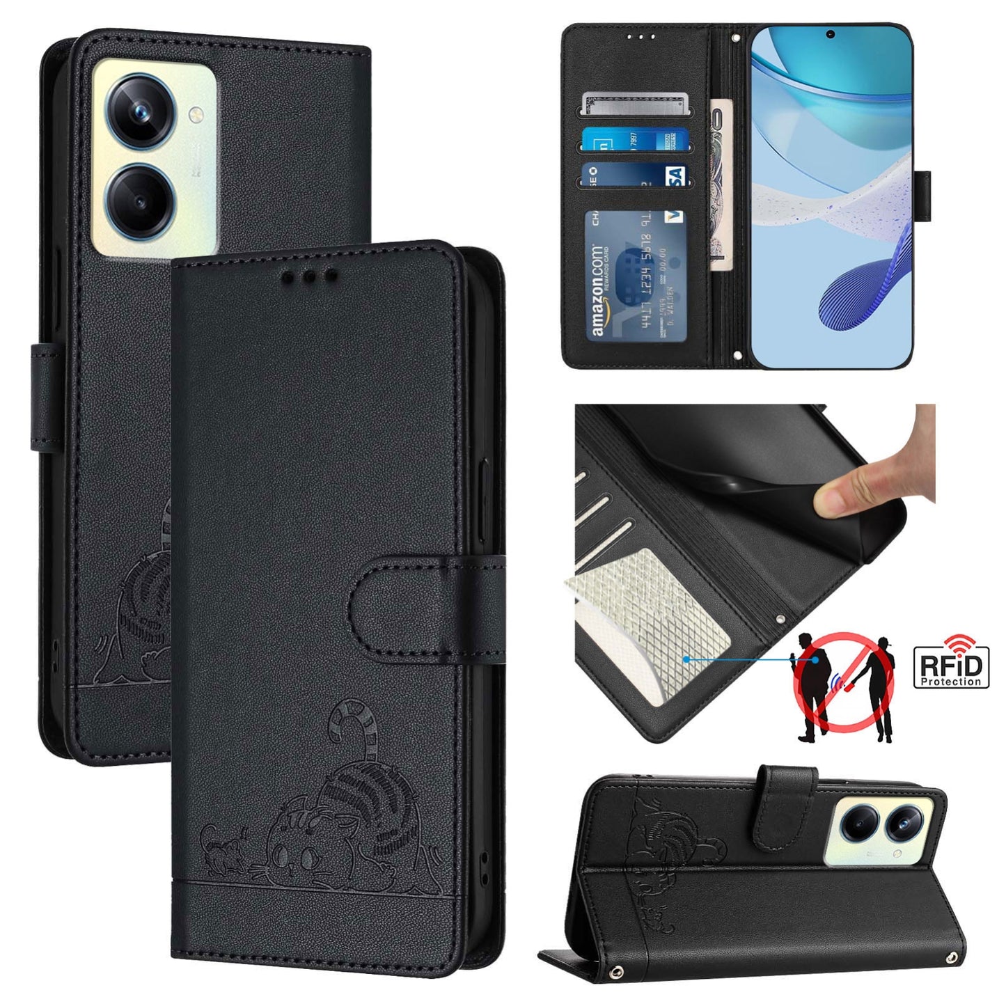 Realme 10 Pro 5G Cat and Mouse Embossed PU Leather RFID Case with Wallet Slots, Anti-Fall Protection, Kickstand, and Lanyard-buycases.co.uk