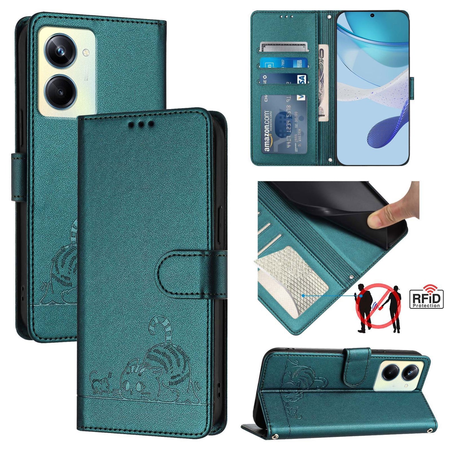 Realme 10 Pro 5G Cat and Mouse Embossed PU Leather RFID Case with Wallet Slots, Anti-Fall Protection, Kickstand, and Lanyard-buycases.co.uk